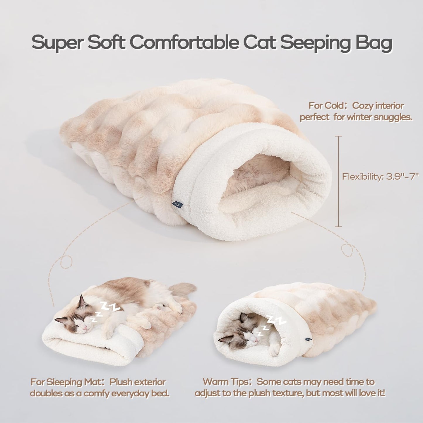 4 in 1 Cat Sleeping Bag 360° Wrap Cat Bed Plush & Warm Winter Sleeping Bag for Small Pets (Up to 15 lbs) Beige 21 × 17 Inch