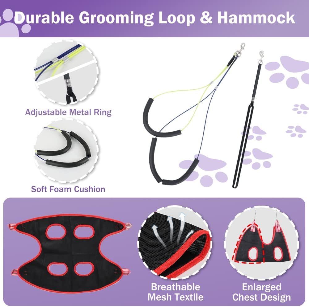 Dog Grooming Arm with Clamp, Heavy Duty Pet Grooming Table Arm with Grooming Hammock, Loop Noose & Two No-Sit Haunch Holder, 36" Height Adjustable for Medium & Small Pets, Black