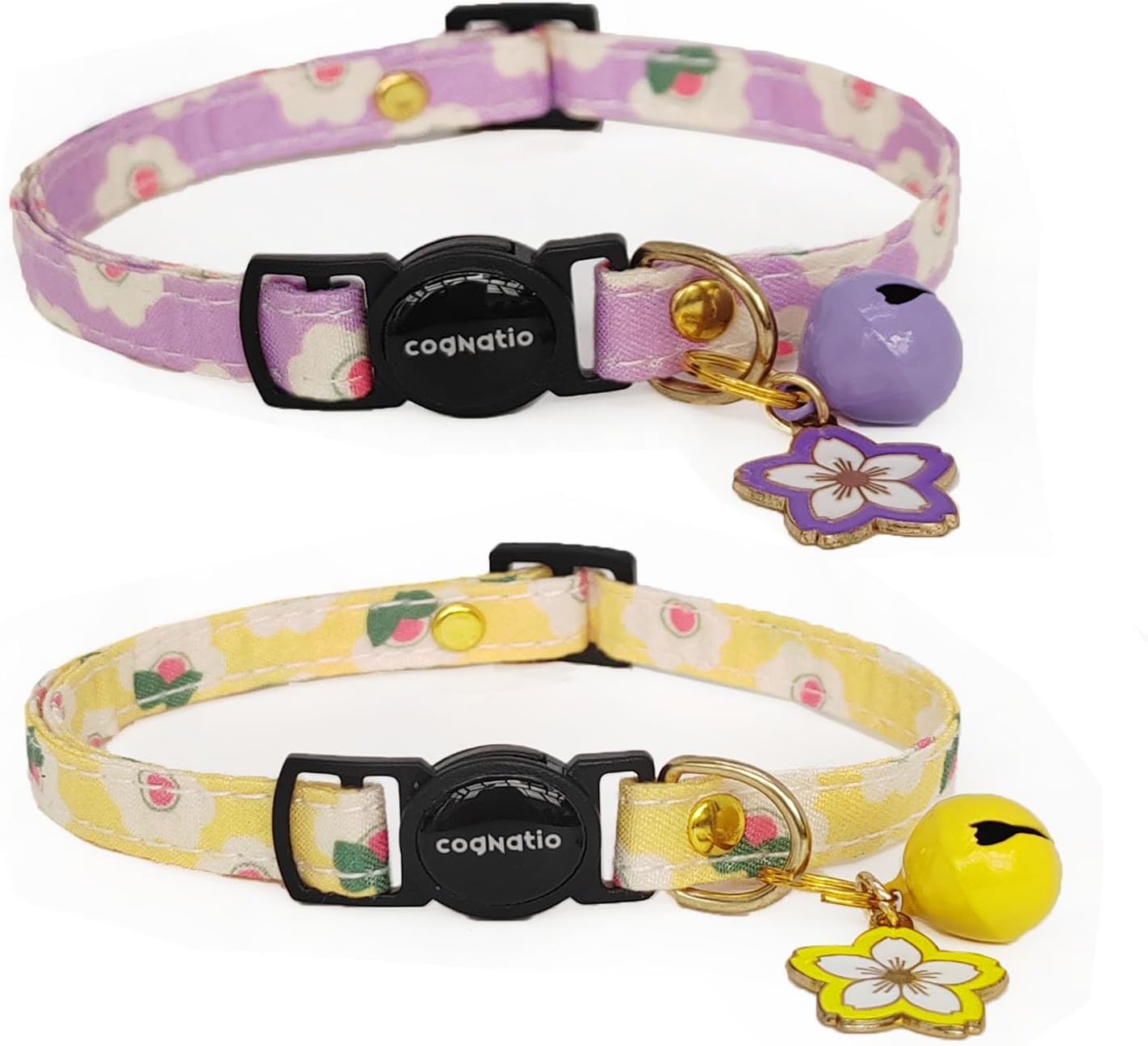 2 Pack Cotton Breakaway cat Collars with Bell,Safety Quick Release Pendant Cute Kitten Collar,Adjustable 20-30cm (Lilac+Lemon, 20-30cm)