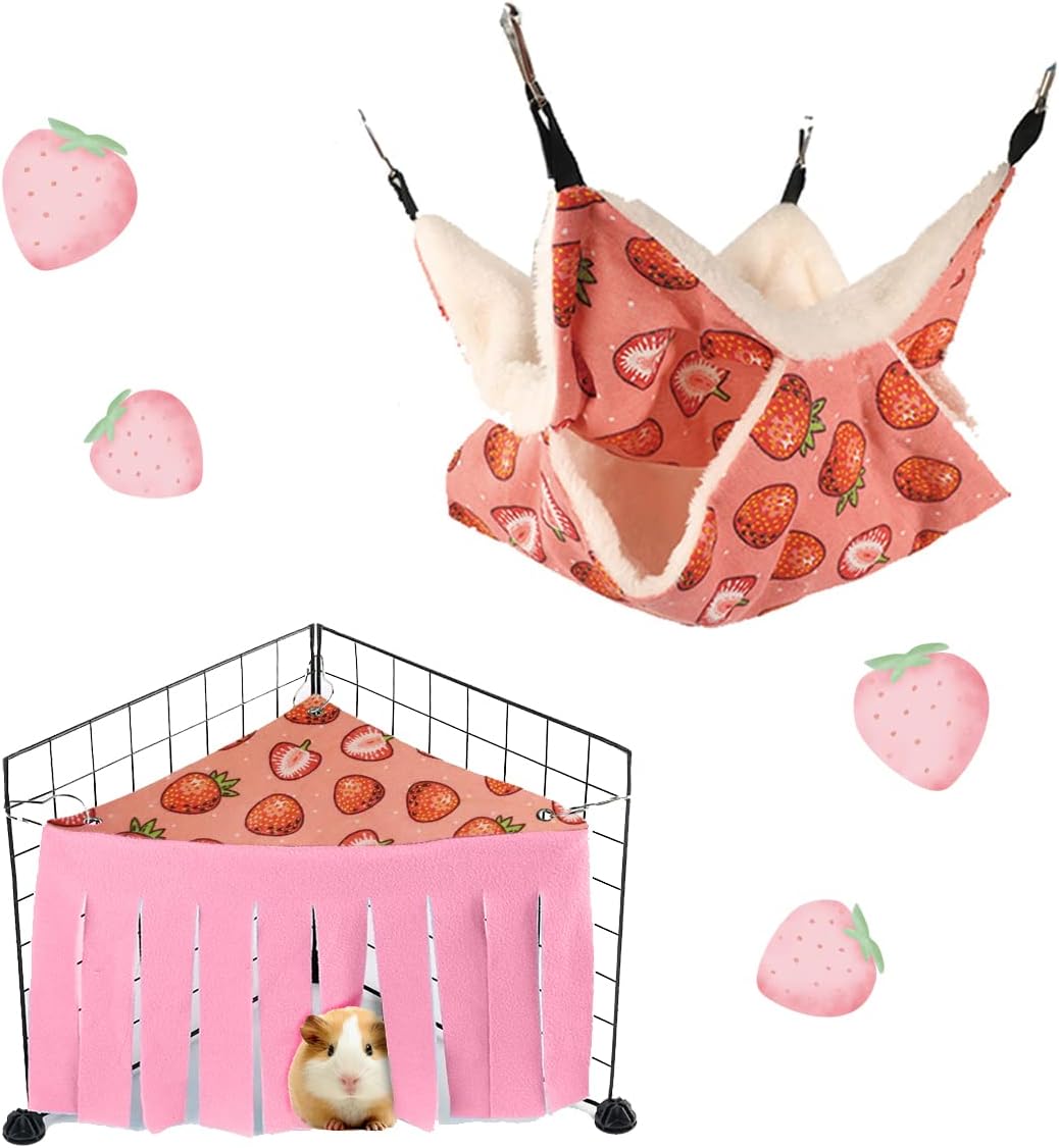 LYART Guinea Pig Rat Ferret Hammock and Warm Bed Small Pet Hideout Tunnel Cave Hanging Bunkbed Hammock Cage Toy for Hamster Sugar Glider Squirrel (2.Hammock & Hideout)
