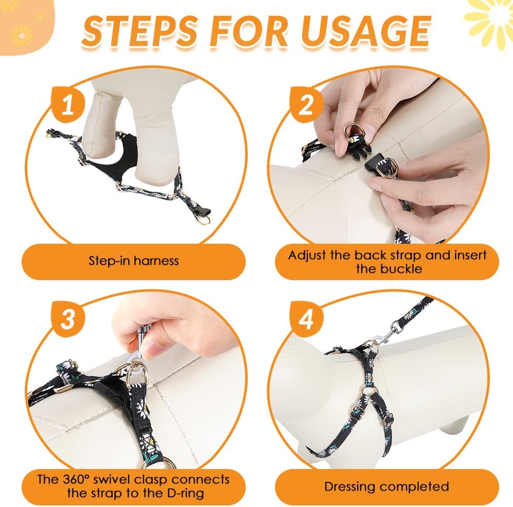 SlowTon No Pull Dog Harness with Leash - Soft Lightweight Floral Pattern Puppy Harness, Adjustable Pet Harness for Small Medium Dogs (Black Daisy S)