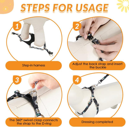 SlowTon No Pull Dog Harness with Leash - Soft Lightweight Floral Pattern Puppy Harness, Adjustable Pet Harness for Small Medium Dogs (Black Daisy XXS)