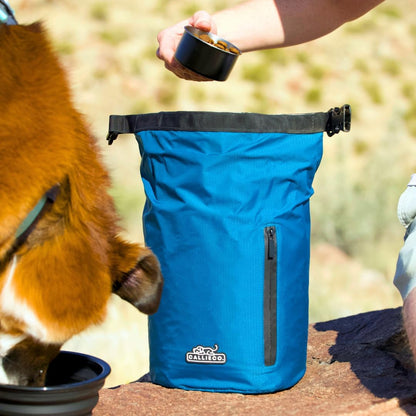 Callieco Dog Food Travel Bag w/ 1 Cup Scoop and Zipper Side Pocket | Waterproof Kibble Storage Container for Home, Road Trips, Camping, Boarding and More (Blue, 32 Cups)