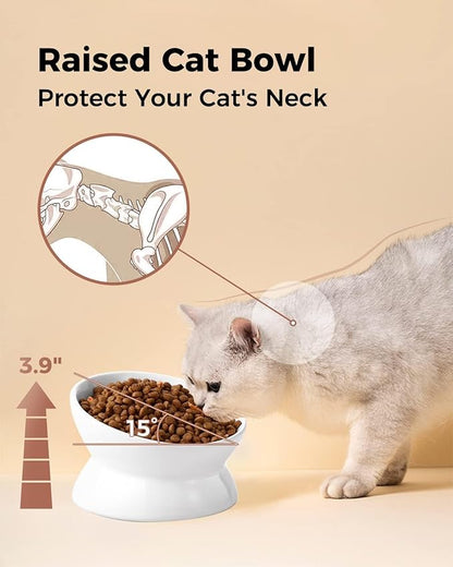 LoeJan Elevated Cat Food Bowl, 5 Oz Ceramic Raised and Tilted Water Bowl, Anti Vomiting and Protect Pets' Spines Dishes for Small Dog, Fat Faced Cat, Kitten (White, 4 Pack)