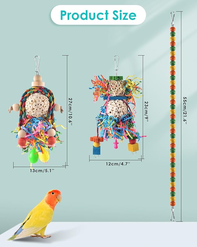 Bissap Conure Toys, 3 PCS Parrot Foraging Shredder Hanging Toys Sola Balls with Sand Hammer Perch Swing Climbing for Small Parrots Parakeets Conures Cockatiels Love Birds Cage Toy