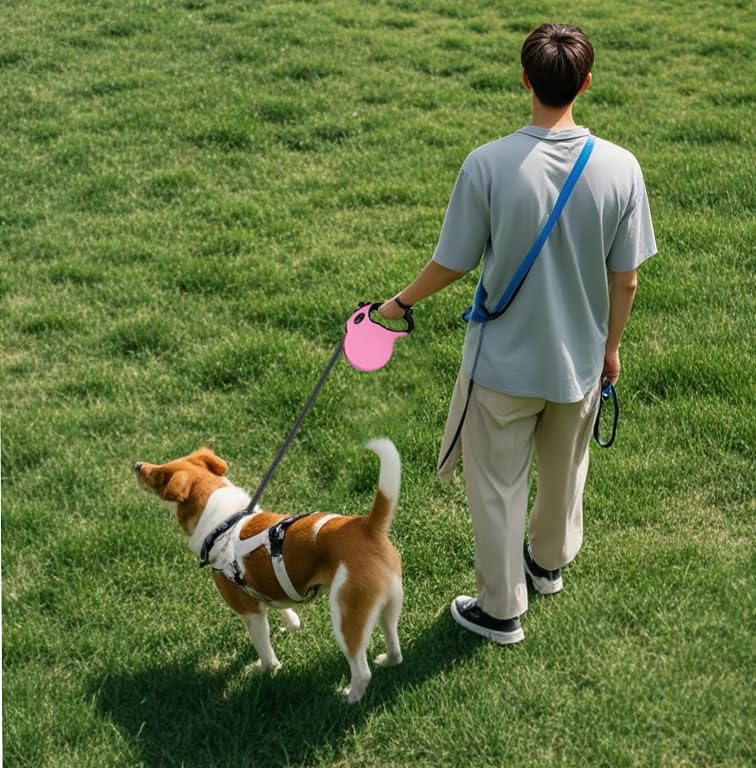 Retractable Dog Leash Hands-Free Adjustable Length 16ft with Safety Lock Durable Nylon Belt for Small Medium Large Dogs Easy Walk Training Portable Dog Leash Pink M