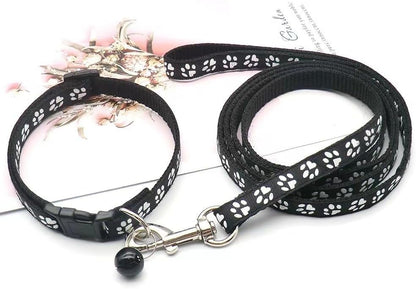 Black Dog Collar with Bell Leash Set, Nylon Basic Reflective Small Dog Collar Boy Paw Print for XXS Xs S Dog Kitten Pet Animal Tiny