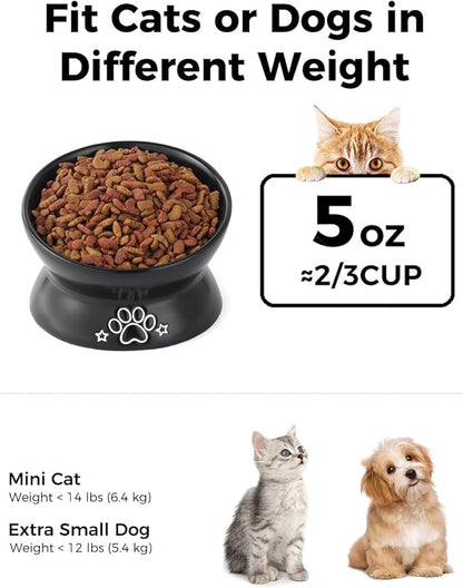 LoeJan Elevated Cat Food Bowl, 5 Oz Ceramic Raised and Tilted Water Bowl, Anti Vomiting and Protect Pets' Spines Dishes for Small Dog, Fat Faced Cat, Kitten (Black Pattern, 1 Pack)