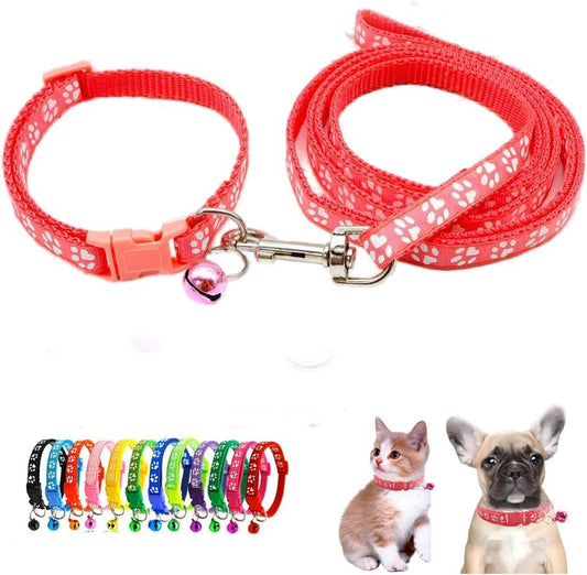 XS Dog Collar with Bell Leash Set, Nylon Basic Reflective Puppy Collars Paw Print for XXS Xs Small Cat Pet Animal Litter Tiny Kitten Boy Girls,Bright Green