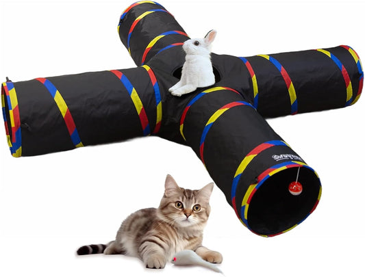 47" Long Cat Tunnels - 4 Way Cat Tunnel for Indoor Cats Play & Exploration - Collapsible Pop Up Tubes for Ferrets, Rabbits, and Small Dogs Fun, with Play Ball and Mouse Toy