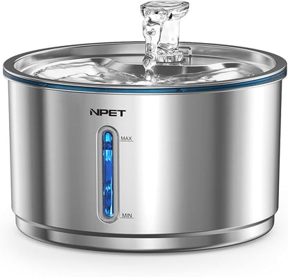 NPET Stainless Steel Cat Water Fountain, 1Gallon/135oz Automatic Pet Drinking Fountain Dog Water Dispenser Bowl with Water Level Window for Cats Indoor - WF210Plus