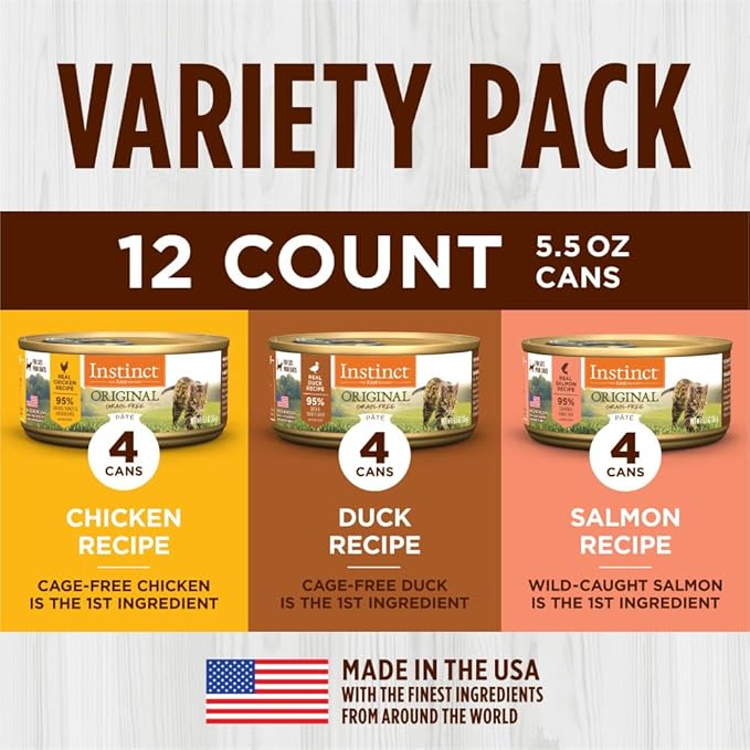 Instinct Original Pate Wet Cat Food, Grain Free Recipe - Variety Pack, 5.5 oz. Cans (Pack of 12)