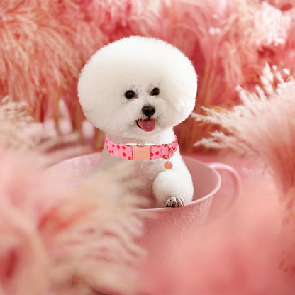 Valentine's Dog Collar, Pink Heart Pattern, Cotton, Adjustable Size, Metal Buckle, Medium, Pink, For Small, Medium, Large Dogs or Cats