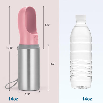 Portable Dog Water Bottle, 14 OZ, Stainless Steel Leak Proof Puppy Water Dispenser with Drinking Feeder for Pets Travel, Walking, Hiking and Outdoor Activities