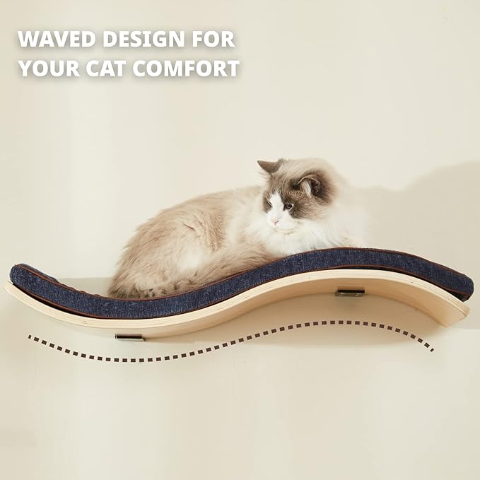 Cat Shelf with Comfortable Cushion - Wave Modern Cat Bed - Minimalistic Floating Cats Wall Perch - Wooden Wall Mounted Cats Furniture for Sleeping, Playing, Climbing, and Lounging