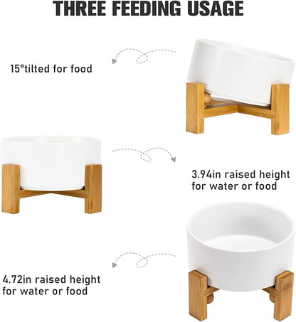 SPUNKYJUNKY 15° Slanted Ceramic Dog and Cat Bowl with Wooden Stand, Tilted Bulldog Food and Water Bowl No Slip Non-Spill for Cats Medium Dogs Big Face Pets 28.7 OZ (3.6 Cups, White)