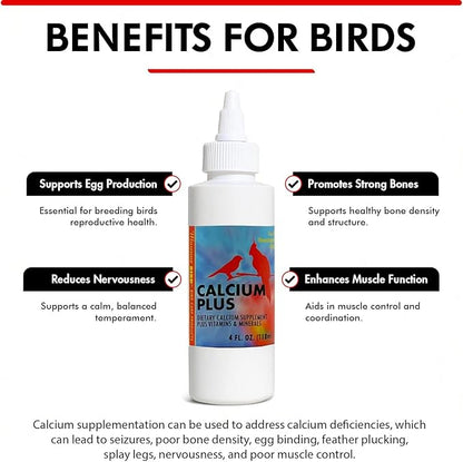 Morning Bird Calcium Plus Liquid for Birds – Bird Vitamins for Strong Eggshells, Healthy Bones, and Baby Bird to Support Growth, Breeding, and Wellness for All Birds 4 Fl Oz