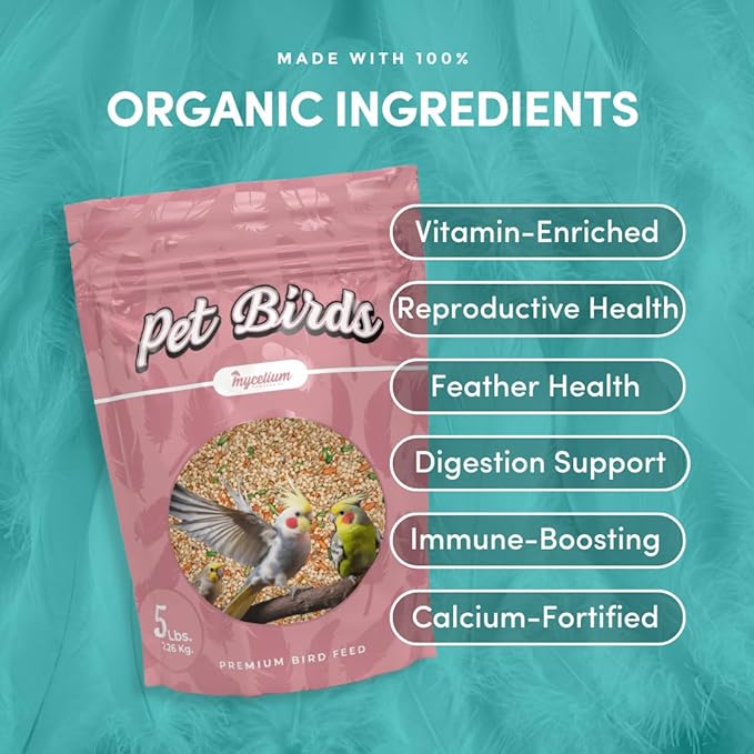 Mycelium Pet Bird Superfood | Bird Seed for Parakeets, Finches, Canaries | Vitamin-Enhanced Mix with Egg, Millet, Canary Seed, & Kelp | Feather & Molting Support | Organic & Non-GMO 5 lb Bag
