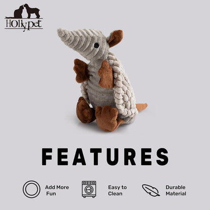 Hollypet Plush Dog Squeaky Toy Stuffed Armadillo Animal Pet Puppy Chew Toys with Clean Teeth for Small Medium Large All Breed Sizes Dogs, Light Gray, 8 in