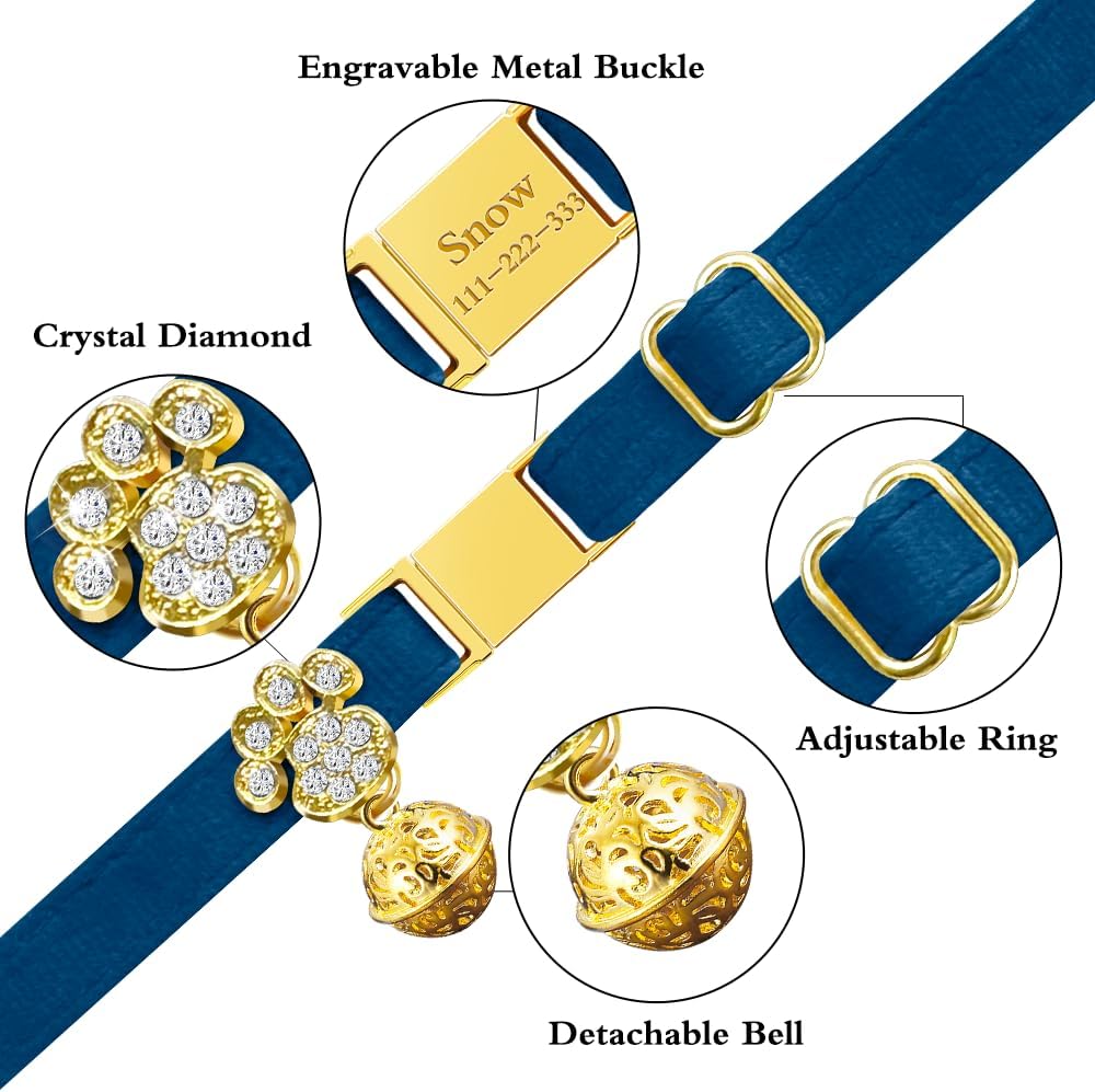 Personalized Breakaway Cat Collars - Magnetic Buckle, Bell - Safety Quick Release, Customized for Girls & Boys Cats- (Velvet-Navy)
