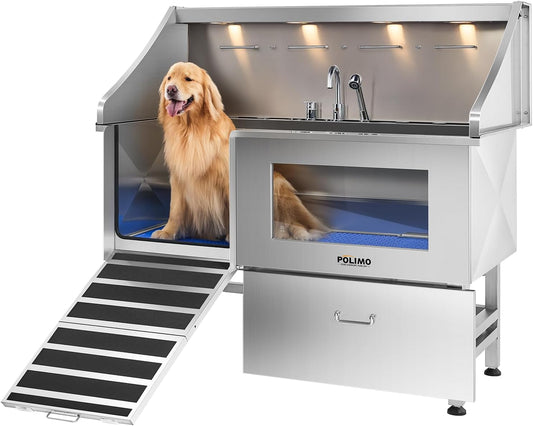 POLIMO Dog Washing Station, LED Professional Stainless Steel Dog Bathing Station 61", Dog Grooming Tub for Large, Medium & Small Dog - with Window, Ramp, Drawer, Floor Grate & Faucet (Left Ramp, 61")