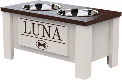 GrooveThis Woodshop - Personalized Elevated Dog Bowl Stand for Large, Medium, Small, X-Small Dogs - Stainless Steel Food and Water Bowls - Raised Dog Dish with Internal Storage (Medium, Dark Walnut)