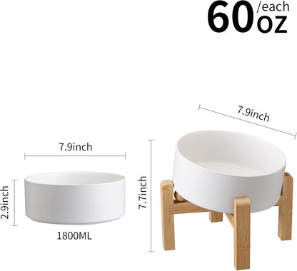 White Elevated/Raised 15°Tilted Anti Slip Ceramic Dog Bowl for Medium & Large Breeds,Slanted Bulldog Big Face Pet Food Water Feeding Dish with Stand (7.6 Cups/60OZ)