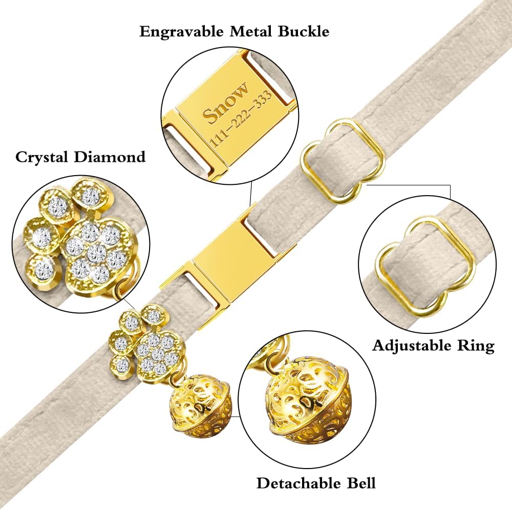 Personalized Breakaway Cat Collars - Magnetic Buckle, Bell - Safety Quick Release, Customized for Girls & Boys Cats- (Velvet-White)