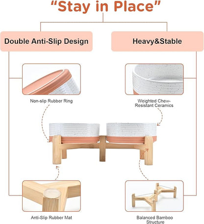 SPUNKYJUNKY Elevated Dog Bowls Ceramic, 5.1'' Dogs and Cat Food Water Bowls Raised with Non-Slip Bamboo Stand for Puppy Small Sized Breed Microwave Dishwasher Safe - 13.5 OZ,Pattern White