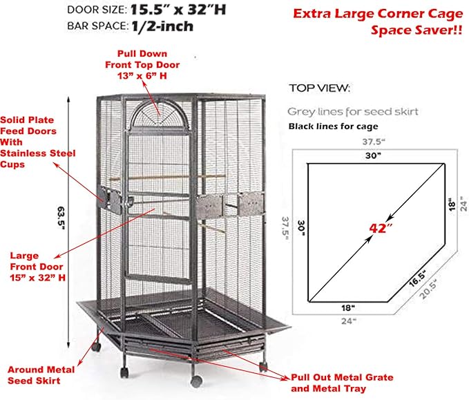 64" Extra Large Corner Flight Bird Parrot Cage for Cockatiel Parakeet Budgies Parrot with Around Metal Seed Skirts, Tight 1/2-Inch Bar Spacing (BlackVein)