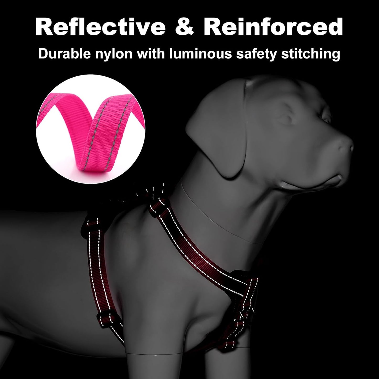 Plutus Pet Adjustable No Pull Dog Harness with Leather Accents, Heavy Duty Reflective Nylon Vest for Training, Hiking, Easy Walk Harness for Small, Medium, Large Dogs (Hot Pink, XL)