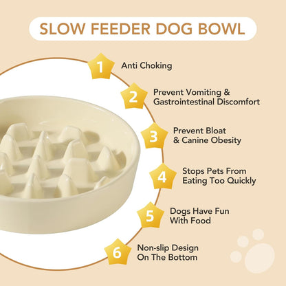 Ceramic 3.2 Cup Dog Bowl Slow Feeder, 9.5 inch Slow Pet Food Dish for Large Dog, Stop Bloat, Preventing Choking(Single Bowl, Beige)