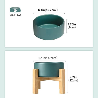 SPUNKYJUNKY Ceramic Elevated Dog Bowls 2 Pack - 6.1inch Raised Dog Bowls with Non-Slip Wooden Stand for Medium Dogs Dishwasher Safe(Green,28.7OZ*2)