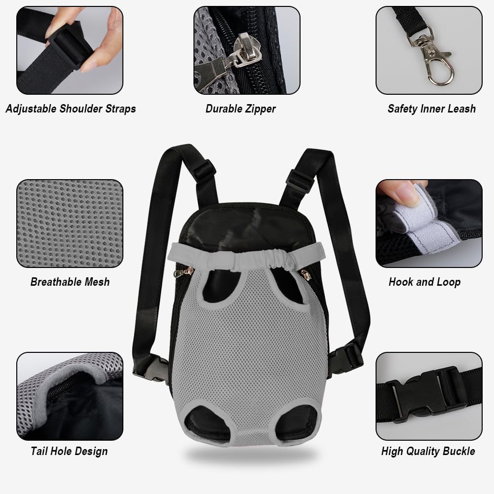 FEimaX Dog Carrier Backpack Pet Legs Out Front Cat Travel Bag, Adjustable Puppy Backpacks Carriers Hands-Free for Small Medium Dogs Cats Hiking Traveling Camping Daily Walking (Small, Grey)