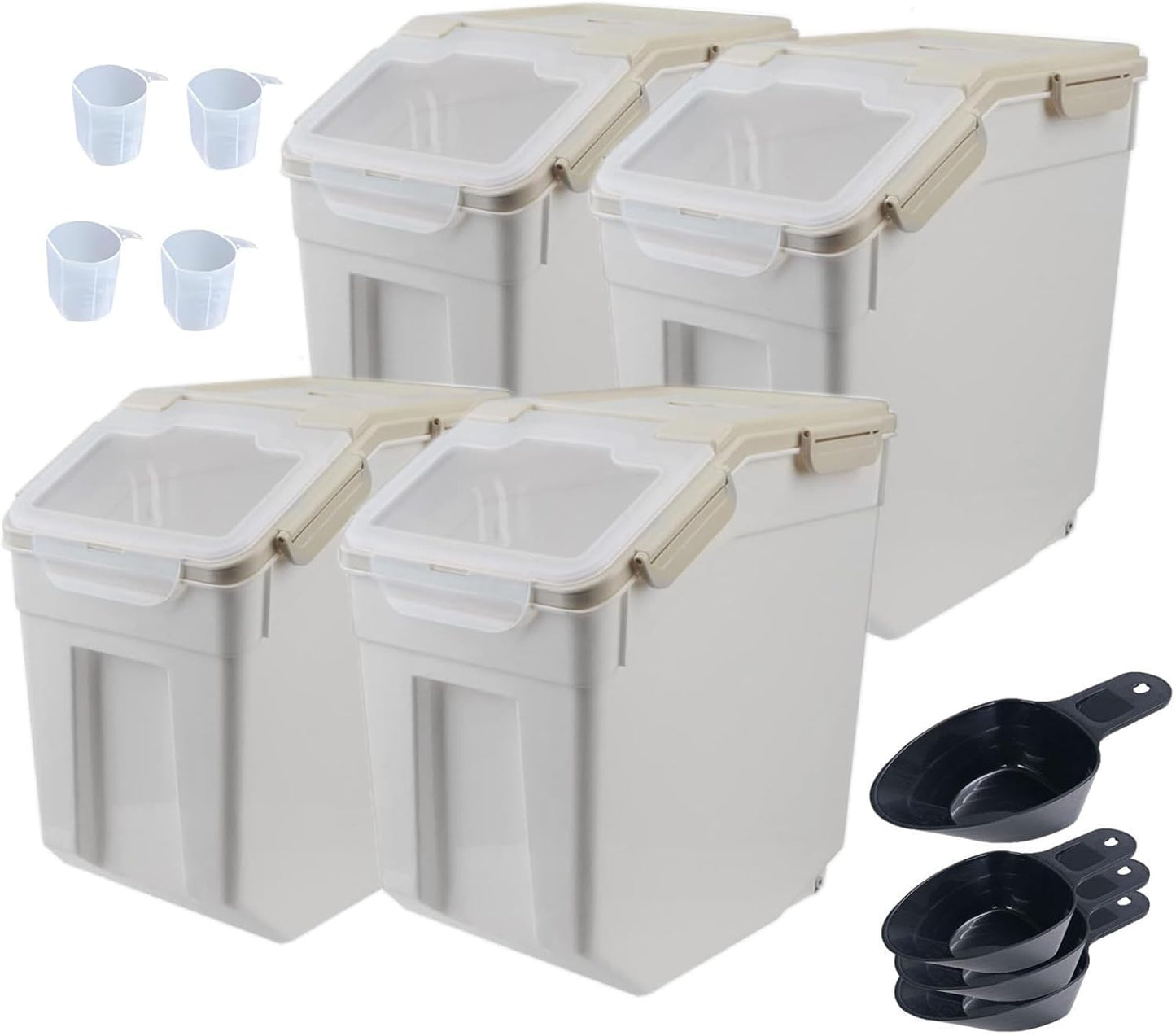 Large Flour Storage Container Bin 25lb,4 Pack Airtight Rice Storage Containers with Wheels Seal Locking Lid BPA Free with Measuring Cup,Scoop for Flour, Rice, Grain, Dry Food - Grey
