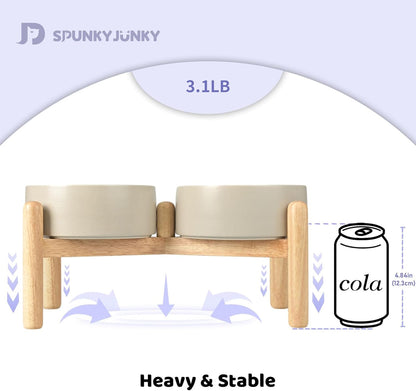 SPUNKYJUNKY Ceramics Raised Dog Bowls with Wooden Stand Elevated Dog Bowl for Small Medium Dog Food and Water Pet Feeding Bowl(Double 28.7OZ Bowls,Grey)