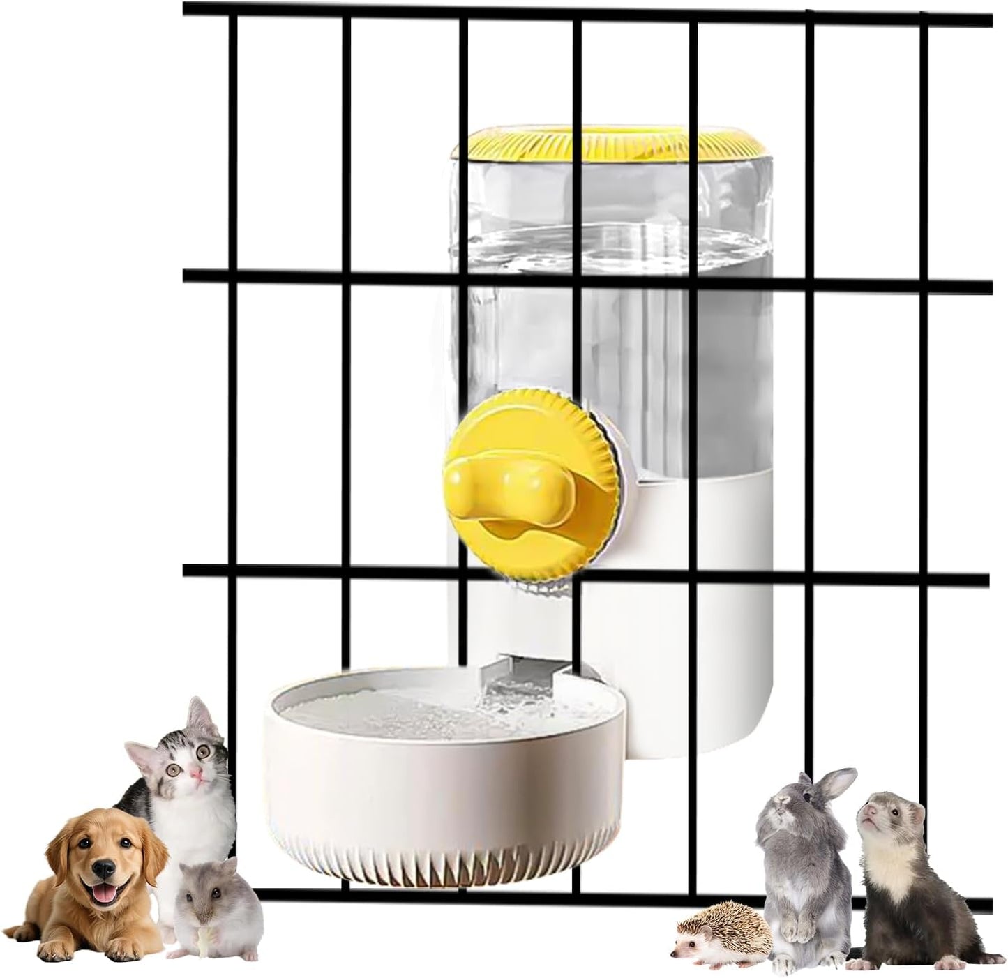 Auto Gravity Siphon Water Dispenser for Cage Hanging, 34OZ Capacity Hanging Automatic Pet Cage Waterer, Water Bowl for Cats Dogs Rabbit Ferret Chinchilla Bird Hedgehog Guinea Pig (Yellow)