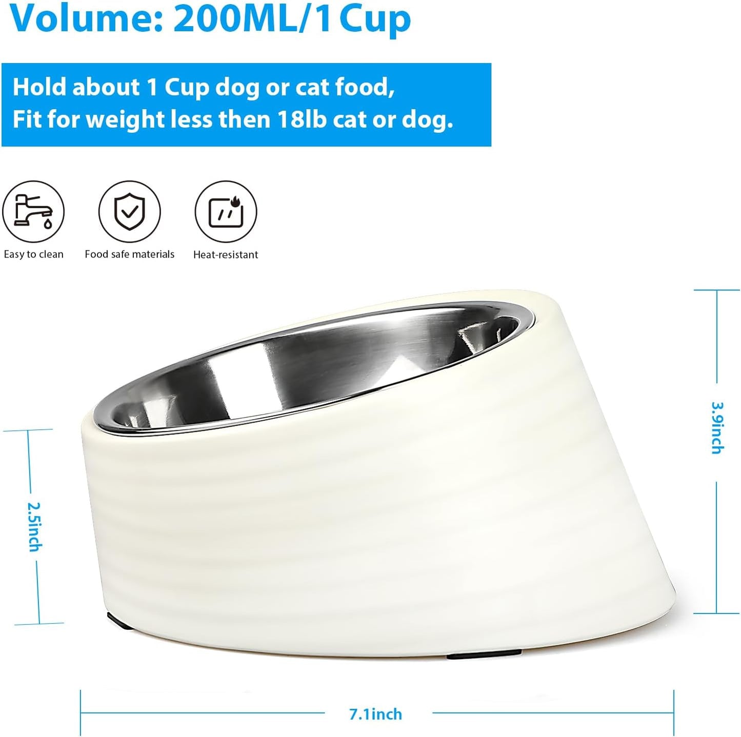 Tilted Slanted Dog Bowl 1 Cup, 15° Tilted Stainless Steel Dog Cat Food Bowl, Non-Slip & Non-Spill Pet Feeder with Elevated Detachable Melamine Stand, Easy to Get Food Dish, Medium White