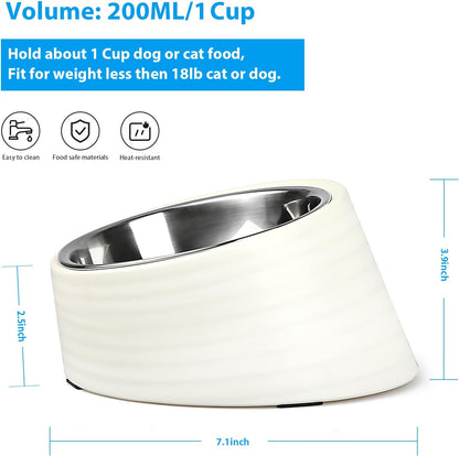 Tilted Slanted Dog Bowl 1 Cup, 15° Tilted Stainless Steel Dog Cat Food Bowl, Non-Slip & Non-Spill Pet Feeder with Elevated Detachable Melamine Stand, Easy to Get Food Dish, Medium White