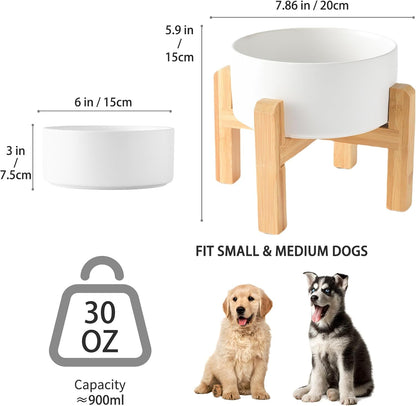 6'' Ceramic Raised Dog Bowl - 30Oz Dog Food & Water Bowl with Elevated Non-Slip Bamboo Stand, Dishwasher & Microwave Safe, Anti Vomiting Heavy Duty Pet Bowl for Small and Medium Dogs, White