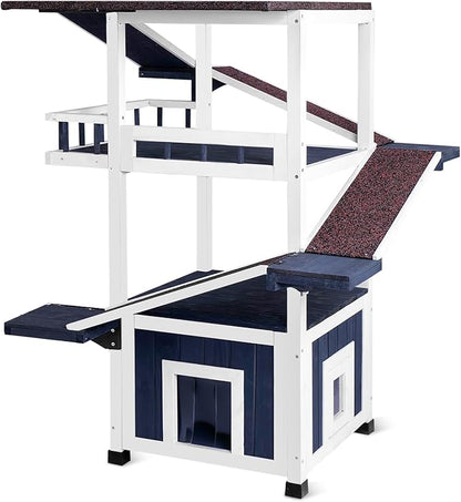 4 Tiers Outdoor Cat House Weatherproof Cat Tree Tower 45.1" H Feral Cat Shelter Outside Enclosure Multi-Level Play Zones Waterproof Roof 2 Escape Doors, 2 Removable Floors for Multiple Cats