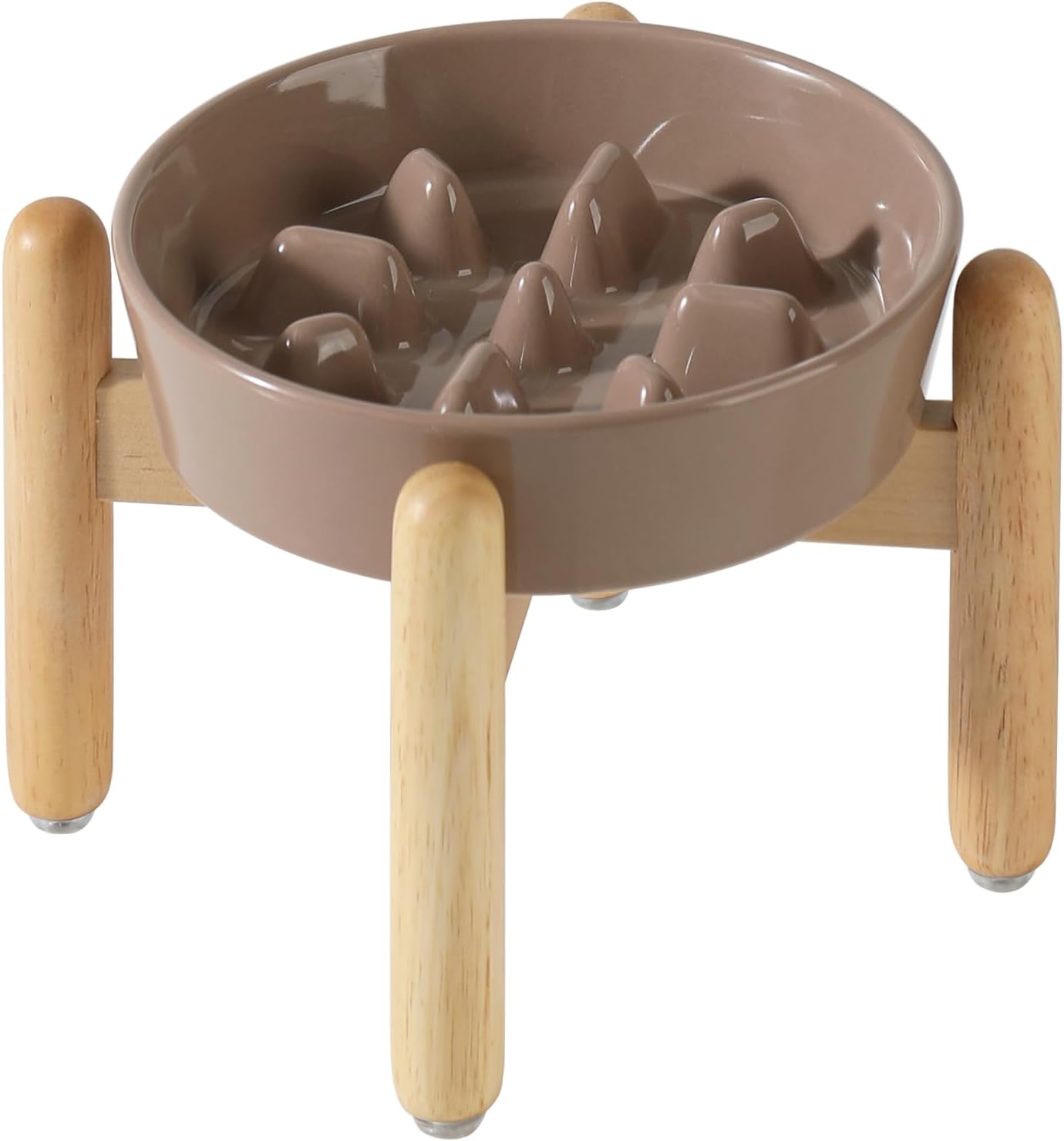 Ceramic 1.2 Cup Dog Raised Slow Feeder Set, Elevated Bowl with Wooden Stand for Medium and Small Dog, 7.3inch Slow Feeder Dish for Fast Easters(Brown Coffee, Single Bowl+ Stand)