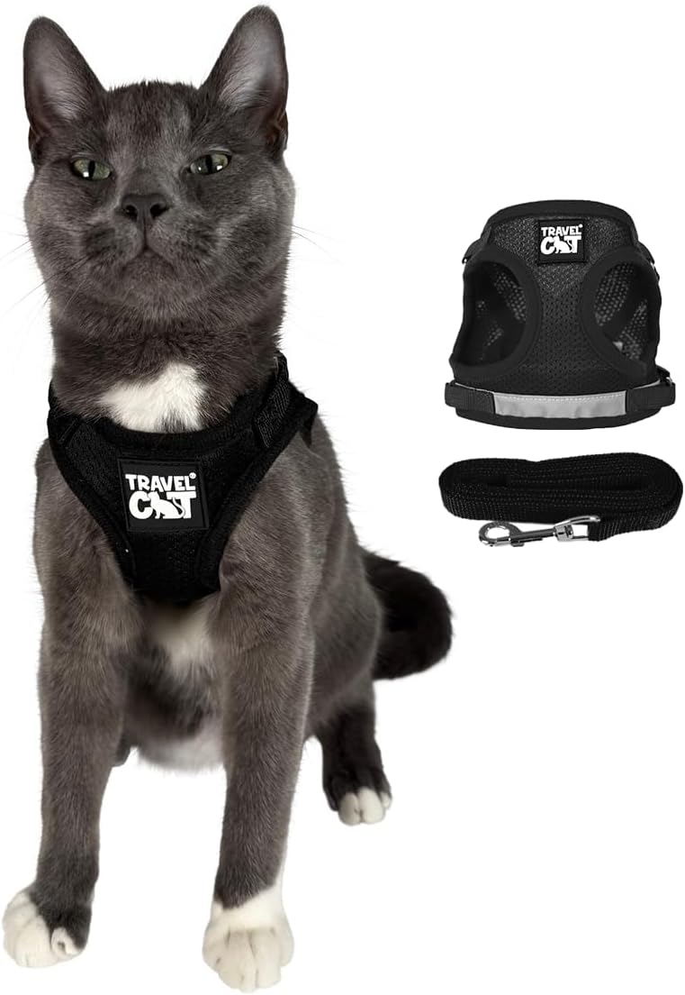 Travel Cat Harness and Leash Set - Adjustable Fit Mesh Cat Harness and Reflective Strap - Comfort Walking Vest for Kitten for Outdoor Walking, Hiking (Large, Black)