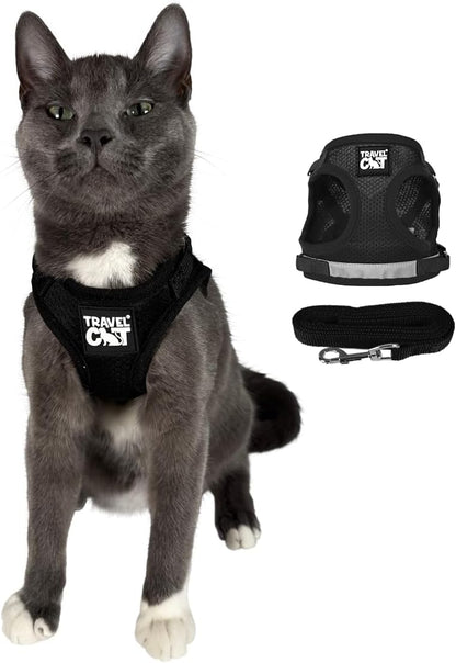 Travel Cat Harness and Leash Set - Adjustable Fit Mesh Cat Harness and Reflective Strap - Comfort Walking Vest for Kitten for Outdoor Walking, Hiking (Large, Black)