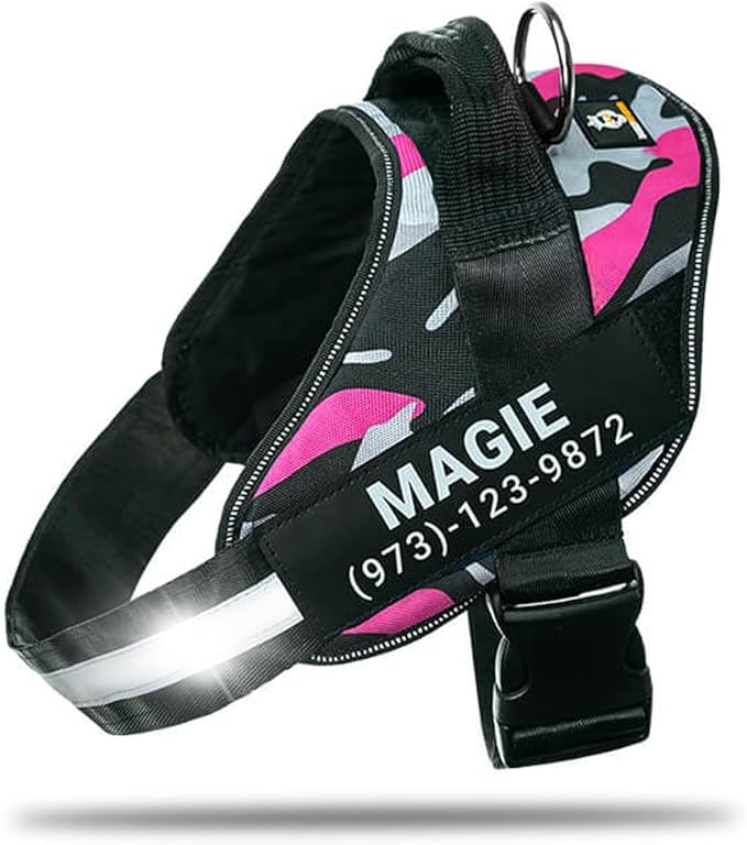 Personalized No-Pull Dog Harness with Name Patch, Adjustable, Reflective, Padded, Heavy Duty Pet Vest to Prevent Tugging, Pulling, or Choking, Training and Walking, Camouflage Pink, XL