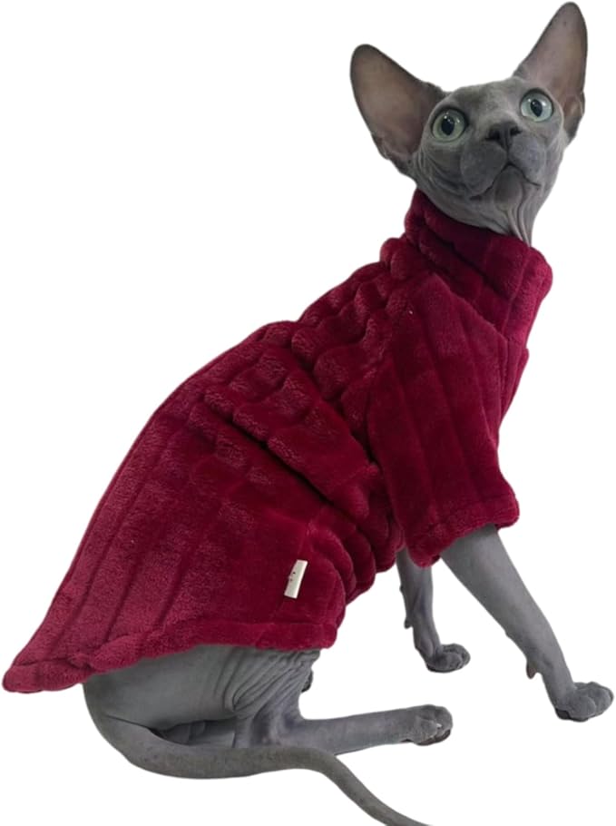 Turtleneck Sweater for Sphynx Cat Soft Coral Fleece Cat Clothes Thick Winter Warm Outfit Coat for Hairless Cats and Small Dogs Apparel with Sleeves (Wine, XXL (13.3-16 lbs))