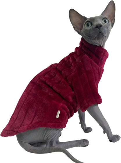 Turtleneck Sweater for Sphynx Cat Soft Coral Fleece Cat Clothes Thick Winter Warm Outfit Coat for Hairless Cats and Small Dogs Apparel with Sleeves (Wine, S (3-5 lbs))