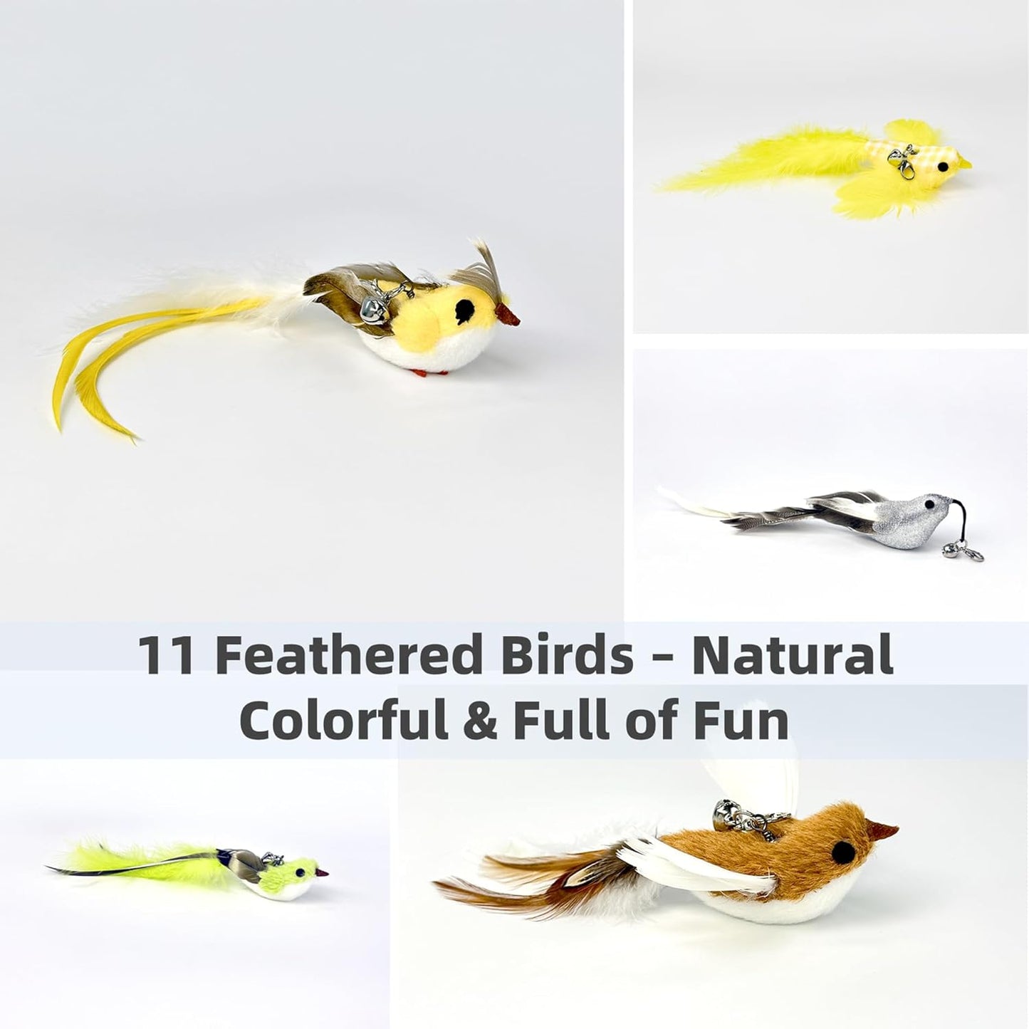 11 PCS Multi-Functional Cat Toy Replacement Heads – Realistic Handmade Bird Teasers with Bells & Detachable Clip, for Interactive Play, Indoor Enrichment & Home Decoration