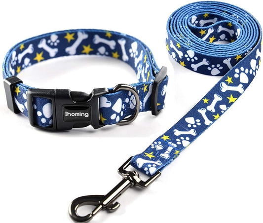 Ihoming Dog Collar and Leash Set for Daily Outdoor Walking Running Training, Bone Design for Large Boys Girls Dogs Cats Pets, L-Up to 80LBS