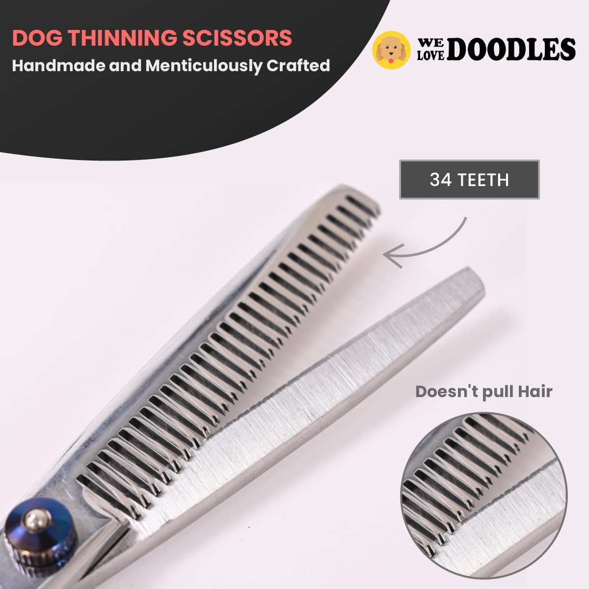 Dog Grooming Scissors Kit with Rounded Blunt Tips - Straight, Curved & Thinning Shears - Best Tools for Goldendoodles, Poodles & Doodles - Professional Grade Steel, 4 Pc Set [We Love Doodles]
